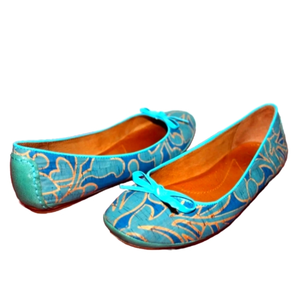 New NAYA Ava Bow Floral Print Turquoise Cork Leather Cushioned Flats 9 US 40